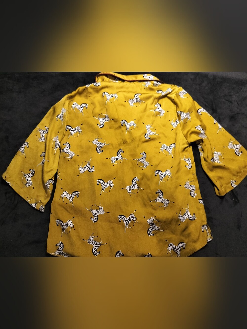 Room Service Zebra Print Button-Up Pj Shirt Mustard Yellow Purple Piping Small - Picture 3 of 7